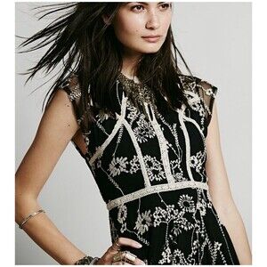 Free People LAUREL Black Combo Mini Dress Lace Embroidered Mesh Cap Sleeve Sz 8